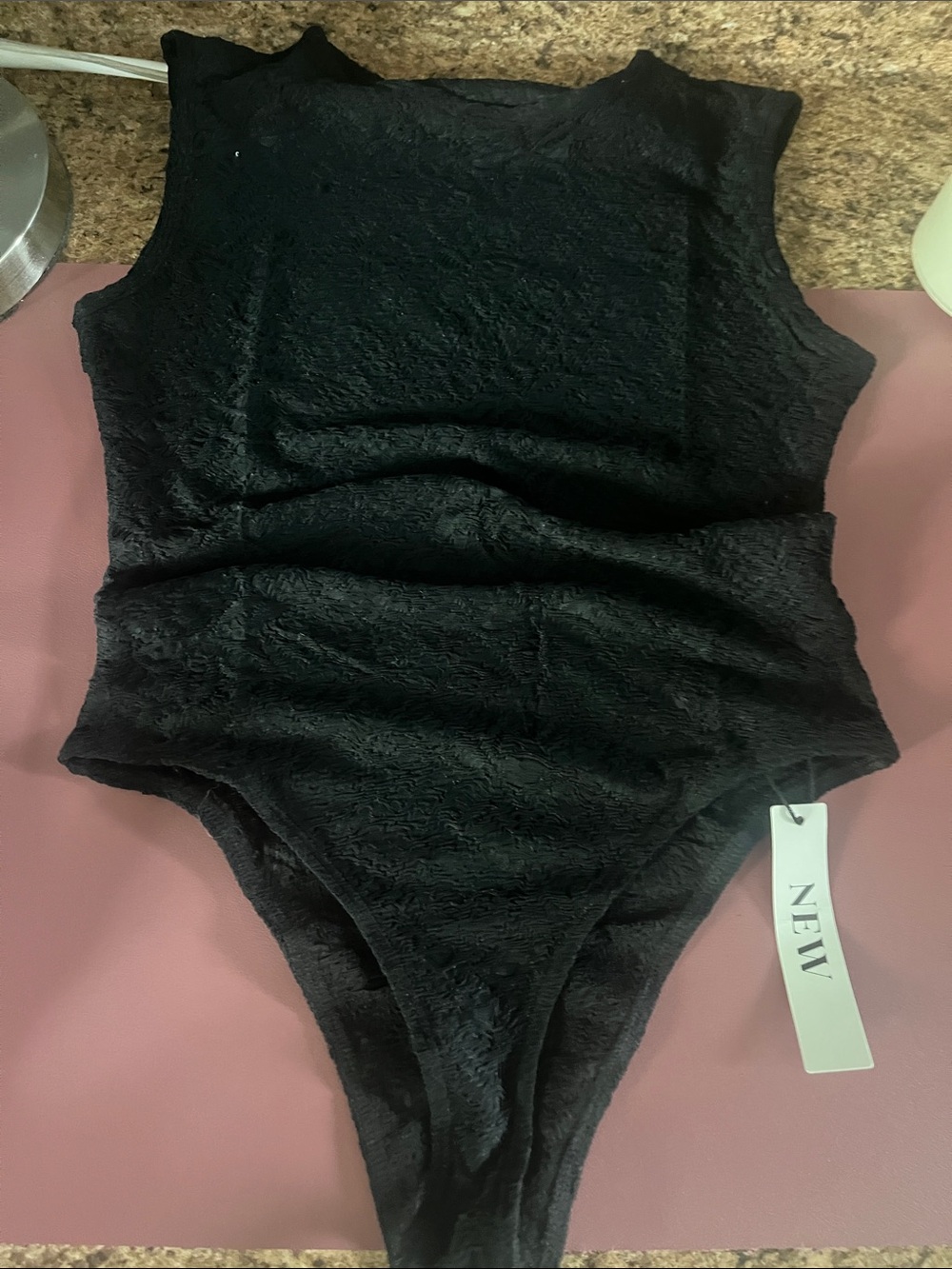 New Black Textured lace Sleeveless Bodysuit